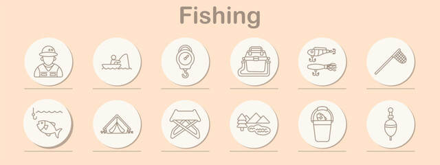 Fishing set icon. Line symbols depict fisherman portrait, angler in boat, hanging scale, tackle box, fishing lure, landing net, hooked fish, camping tent, folding chair, mountain lake © Anastasia
