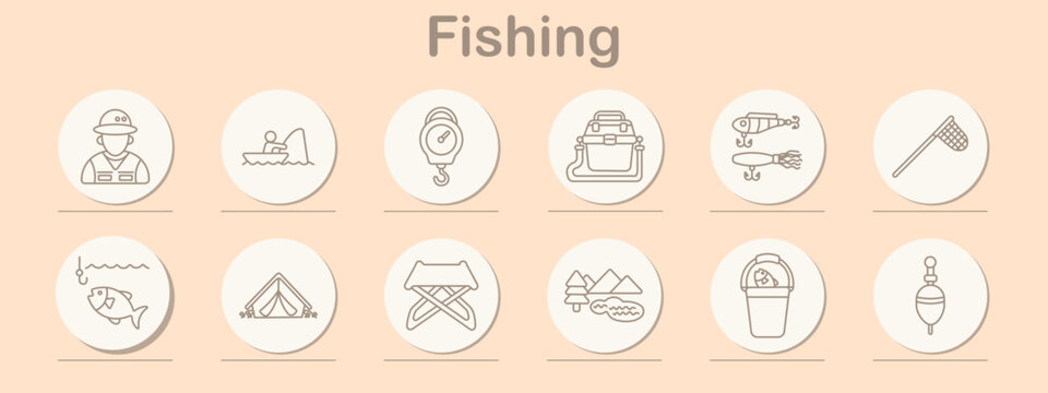 Fishing set icon. Line symbols depict fisherman portrait, angler in boat, hanging scale, tackle box, fishing lure, landing net, hooked fish, camping tent, folding chair, mountain lake