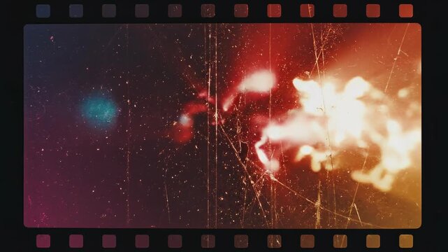 Two vintage film frames showing a scratched, dust speckled filmstrip with sprocket holes, warm light leaks, grainy celluloid texture, streaks and bokeh flares across the frame