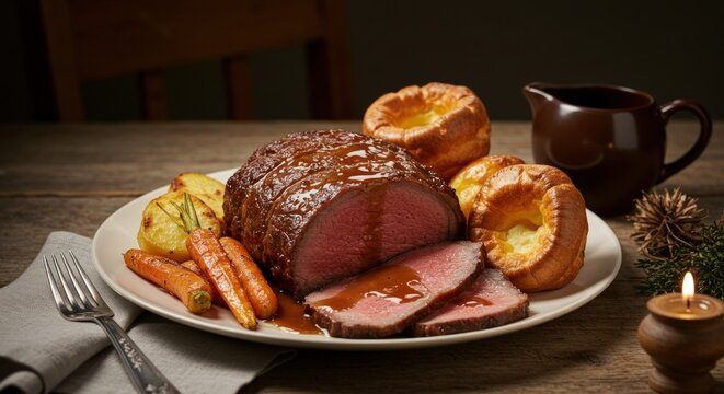 Roasted ham with Yorkshire pudding.