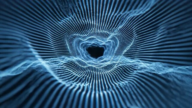 Abstract luminous blue wireframe tunnel of flowing lines and particles forming a dynamic vortex and undulating digital landscape, evoking streaming data and spatial perspective