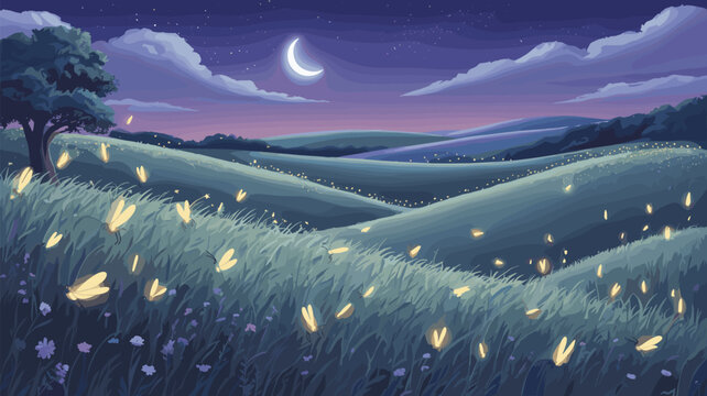 A whimsical cartoon style night meadow with glowing fireflies and crescent moon