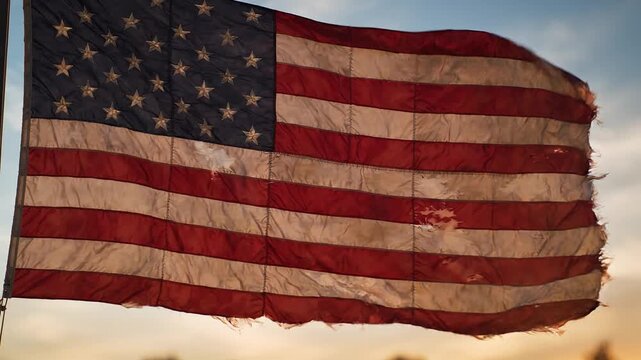 The magnificent World War II United States flag with its red and white stripes and stars flies against a clear blue sky as a patriotic symbol of the United States.
