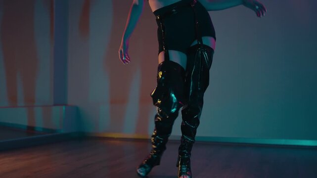 A woman dances in black high heeled boots and shorts in a studio with turquoise and red lighting. Her dance moves are energetic and captivating, Sensual Woman Dancing in Dark Room with Neon Sign