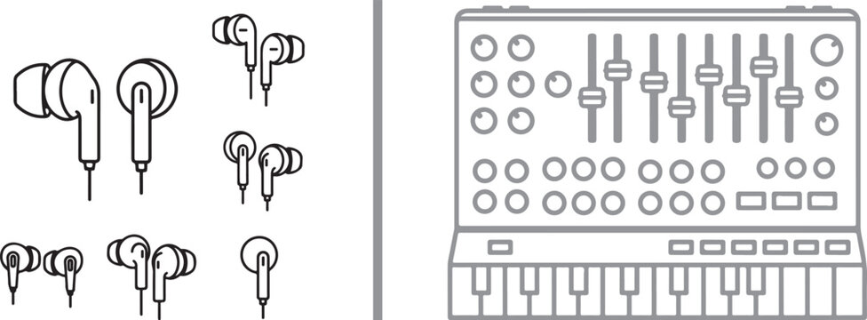 Vector line art icons of in-ear headphones and a music synthesizer console. Representing audio production, electronic music creation, and sound design