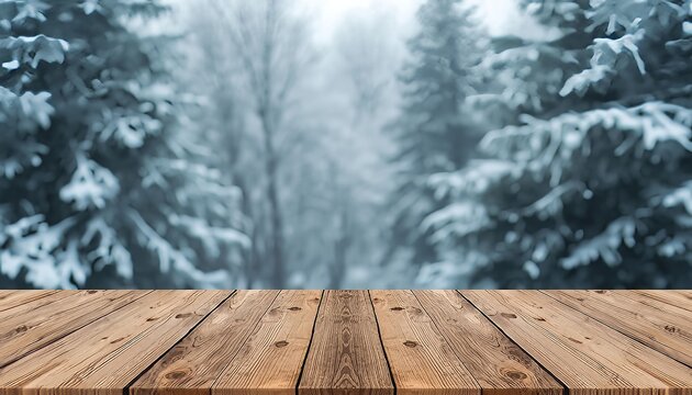 Rustic Wooden Table with Blurred Snowy Forest Background in Winter Frost

