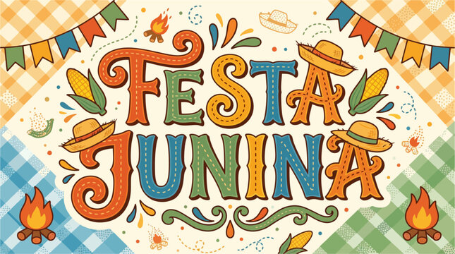 Festa Junina themed typography lettering with decorative elements, vector design