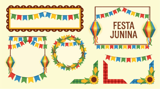 Vector set of Festa Junina decorative borders and frames with flags and lanterns