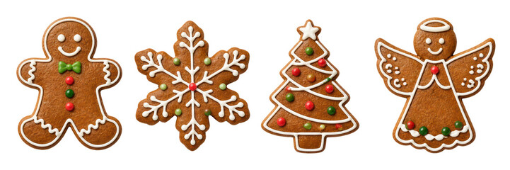 Naklejka premium set of traditional christmas ginger bread in shape of a ginger bread man, snowflake, christmas tree and angel