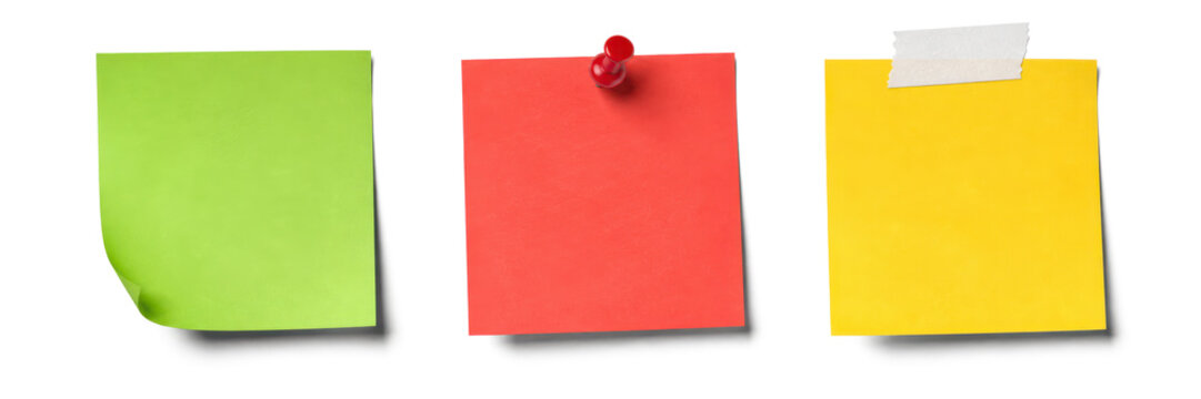 group of various colorful sticky notes in green, red and yellow, with and without push pin and tape isolated on white