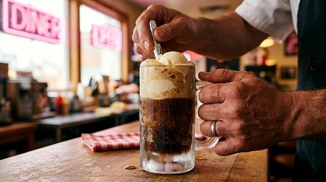 Root Beer Float Classic Vivid Root Beer Float Frothy Top Scoop Of Vanilla Ice Cream Close Cheese Pull Stretch Freeze Frame Intimate Close