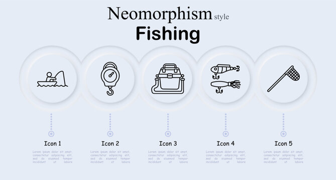 Fishing equipment set icon. Angler boat catching fish, hanging scale weight, tackle box container, lure bait hooks, landing net tool, river lake sport, outdoor recreation hobby