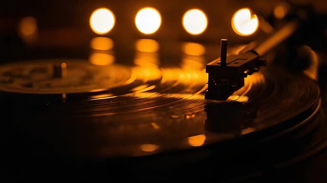 Warm vinyl record player with stylus on spinning disc, golden stage lights, vintage music atmosphere and nostalgic audio equipment