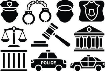 law enforcement icons, police symbols, justice signs, black vector graphics © Jihadul