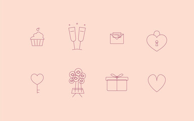 Obraz premium Minimalist wedding line icons set, romantic pink celebration symbols, elegant 8 vector elements for bridal invitations and valentines day