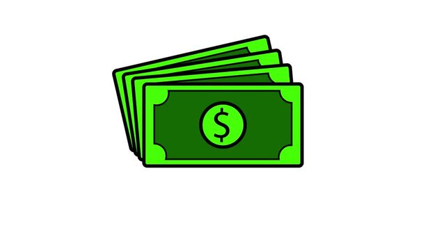 Dollar note vector 2D animation isolated on white background, money and finance concept