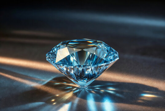 A brilliant blue diamond rests on a dark surface, illuminated by dramatic light rays.