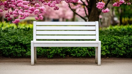 Fototapeta premium A white bench sits in front of blooming pink flowers and lush green bushes in a peaceful park setting.