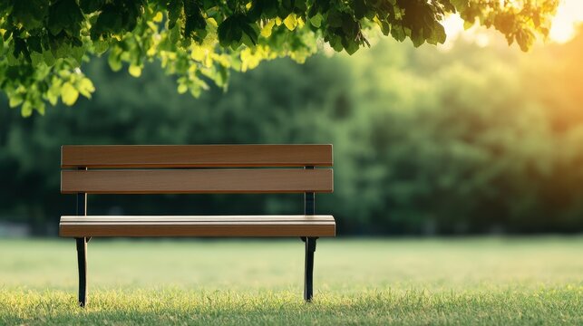 A wooden park bench sits under a tree in a sunlit, peaceful green park.