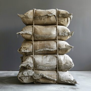 Stack of cement bags tied with rope on concrete floor for construction, building materials, storage and industrial supply at warehouse or site.