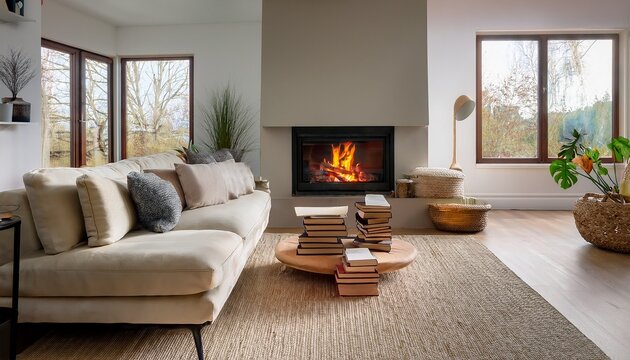 a cozy minimalist living space featuring a warm fireplace a stack of old books and a modern sofa blending past and present for a serene and inviting atmosphere