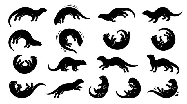 Black and white otter illustrations in various poses isolated on white background, Vector
