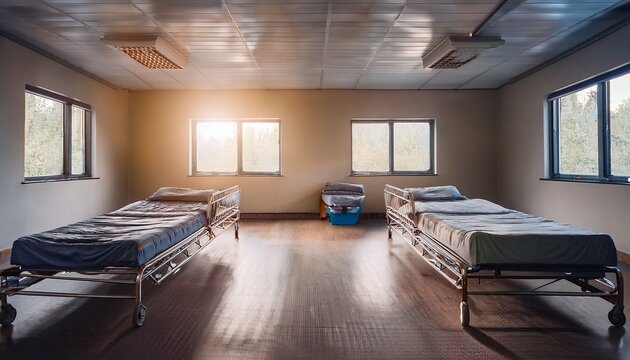 clean organized disaster relief shelter with simple cots and blankets in a large empty room soft overhead lighting creates a calm atmosphere symbolizing preparedness and support during emergencies