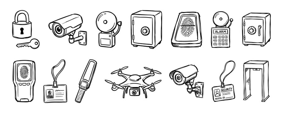 Security surveillance and access control sketch set vector illustration