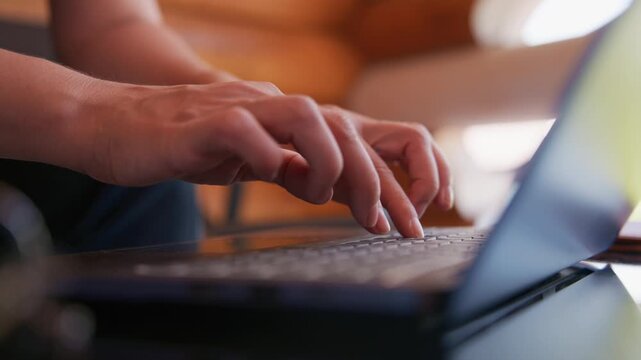 Close-up of hands typing on a laptop keyboard. Fingers move steadily, showing focus and productivity. Warm background light adds cozy atmosphere. Ideal for scenes of work, remote learning