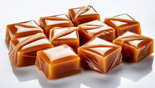 close up of wrapped caramel candies on a white background showcasing their smooth and glossy texture