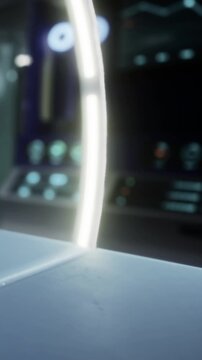 A person stands in front of a futuristic control panel in a high tech space. Bright lights illuminate the area, showing various screens and controls in use. The scene suggests advanced technology.