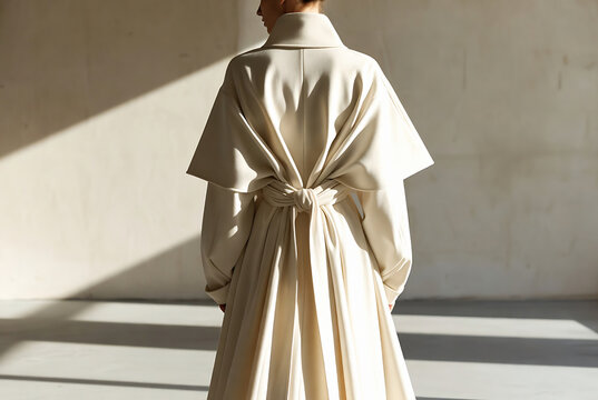 A person stands in a minimalist space, wearing an oversized, belted coat.