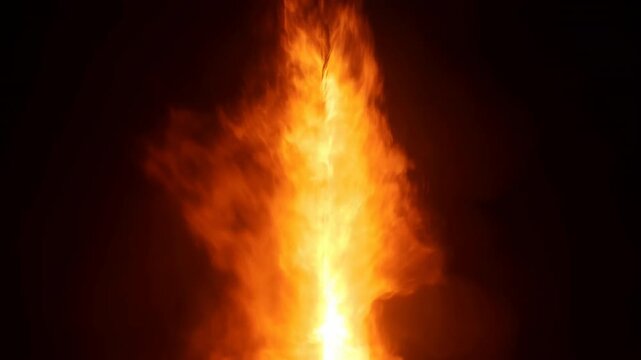 Massive Vertical Blaze With Glowing Embers. Dramatic Fiery Tower With Intense Heat And Swirling Smoke