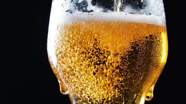 Macro Close-Up Of Golden Beer Pouring Into Cold Glass With Condensation And Rising Bubbles On Dark Background