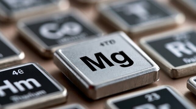 Close-up of metallic periodic table elements, focusing on Magnesium (Mg)