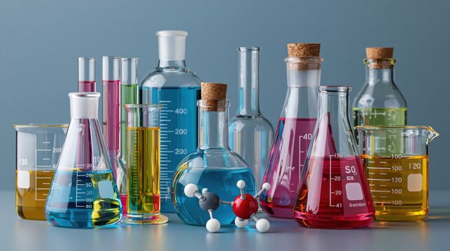 Colorful laboratory glassware filled with liquids, science and research