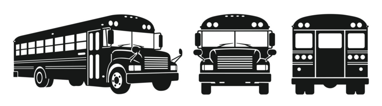 School bus silhouette set showing front side and rear view perspective for vehicle design.