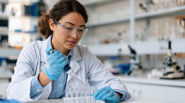 Young female chemist in safety glasses carefully pipetting liquid into test tubes