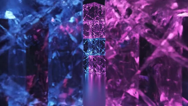 Stacked glowing crystal cubes arranged in a stepped pyramid, emitting neon pink and blue light over a reflective dark surface, creating an abstract futuristic geometric composition.