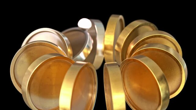 Gold coins are arranged in a circular pattern, creating a dynamic visual against a dark background. A single silver sphere with a glowing element interacting with tokens. Abstract concept for