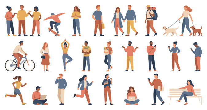 Collection of diverse people characters in various activities | Flat vector illustration of people walking running cycling and working | Human lifestyle icons