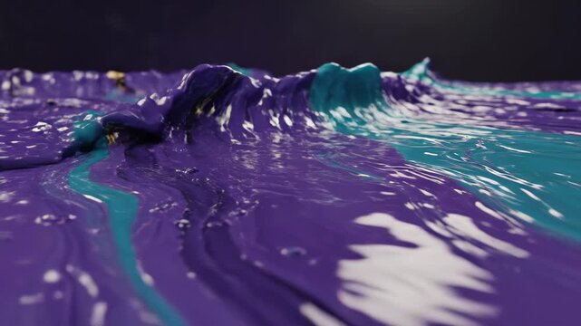 Cinematic close-up of viscous purple and teal paint forming glossy undulating waves and marbled swirls on a reflective surface, an abstract fluid-art study of motion and texture