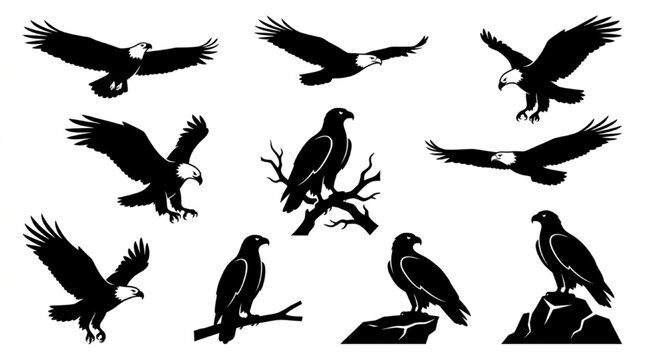 Eagles flying and perched in various poses isolated on white background, Vector