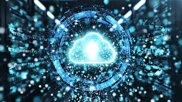 Holographic cloud upload icon floating in a secure data center aisle between server racks, digital ring and streaming binary visuals representing encrypted cloud backup transfer