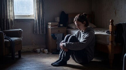Fototapeta premium Young woman sitting on bedroom floor feeling sad surrounded by clutter natural light from window mental health awareness emotional solitude depression casual clothing
