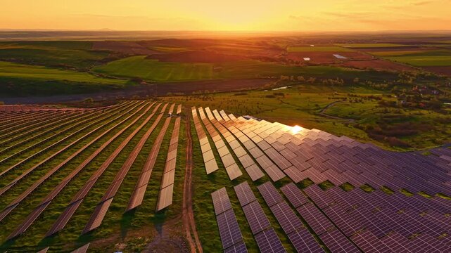 Rows of solar panels stretch across the fields in a rural area, reflecting the orange light of the sunset. The scene shows the use of renewable energy in agriculture.