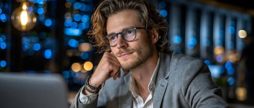 A man in glasses gazes thoughtfully at a screen against a backdrop of night-time lights &ndash; an intellectual setting for articles on the digital world, remote working and modern entrepreneurship.