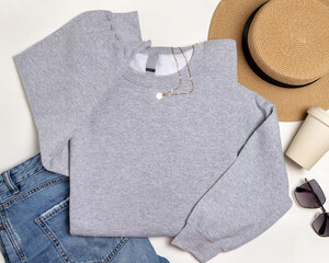 Blank sport grey unisex sweatshirt mockup, apparel flat lay with copy space on front and sleeve © katrinshine
