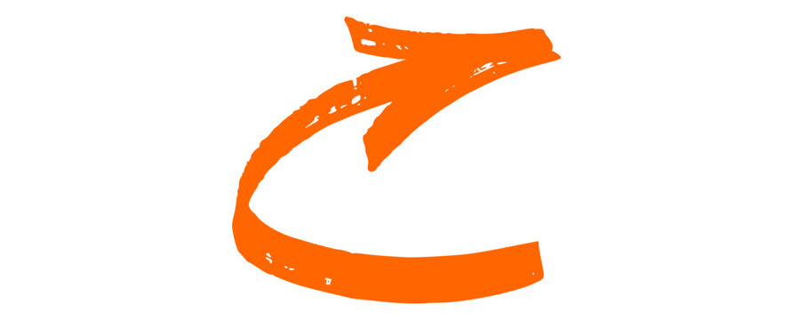 Curved orange arrow icon in creative hand drawn style. Edgy directional pointer for modern branding featuring vibrant ink strokes and urban street art style elements for graphic projects.
