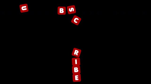 Rolling Red Cubes Forming Subscribe Word Animation on Transparent Background. High-quality animation featuring red glossy cubes rolling across the screen to assemble the word Subscribe. 